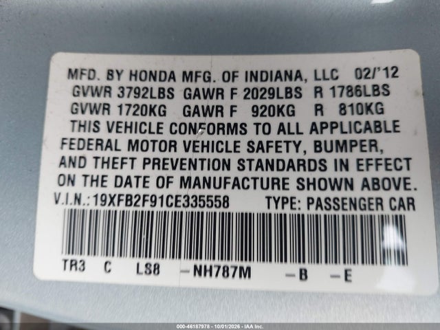46187978 :رقم المزاد ، 19XFB2F91CE335558 vin ، 2012 Honda Civic Sdn Ex-l مزاد بيع