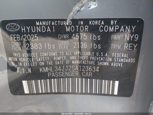 46187981 :رقم المزاد ، KMHL34JJ2SA123634 vin ، 2025 Hyundai Sonata Hybrid Sel مزاد بيع