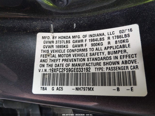 Aukcja sprzedaży 2016 Honda Civic Lx, vin: 19XFC2F59GE033192, numer aukcji: 46187985