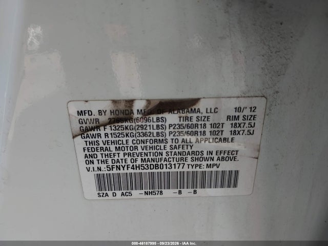 Aukcja sprzedaży 2013 Honda Pilot Ex-l, vin: 5FNYF4H53DB013177, numer aukcji: 46187995