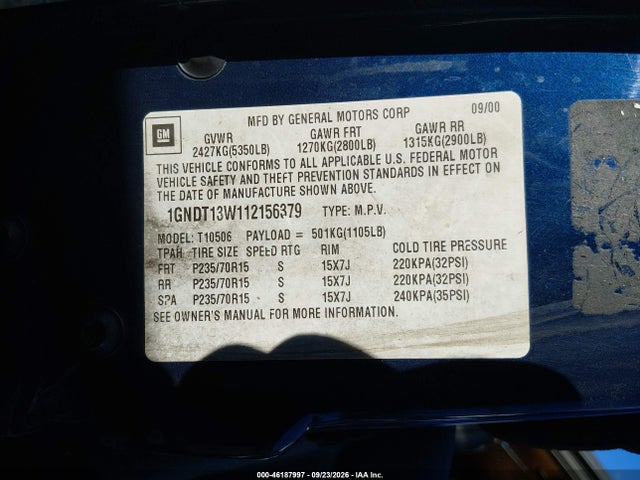 46187997 :رقم المزاد ، 1GNDT13W112156379 vin ، 2001 Chevrolet Blazer Ls مزاد بيع