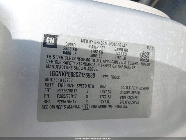 46188005 :رقم المزاد ، 1GCNKPE08CZ155980 vin ، 2012 Chevrolet Silverado 1500 Work Truck مزاد بيع