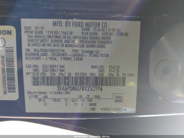 Продажа на аукционе авто 2019 Ford Fusion Hybrid Sel, vin: 3FA6P0MU7KR253196, номер лота: 46188031