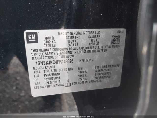 46188033 :رقم المزاد ، 1GNSKJKC4FR148826 vin ، 2015 Chevrolet Suburban Lt مزاد بيع