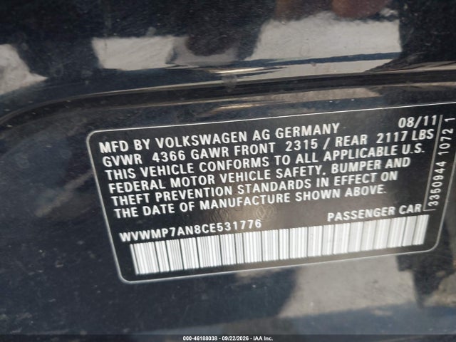 Продажа на аукционе авто 2012 Volkswagen Cc Sport, vin: WVWMP7AN8CE531776, номер лота: 46188038