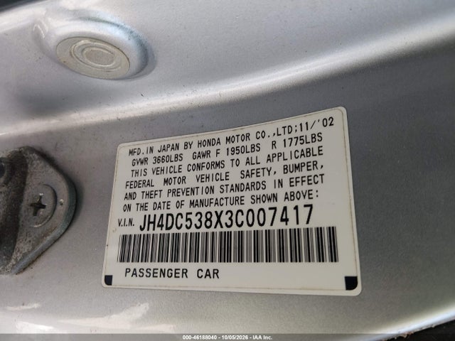46188040 :رقم المزاد ، JH4DC538X3C007417 vin ، 2003 Acura Rsx مزاد بيع