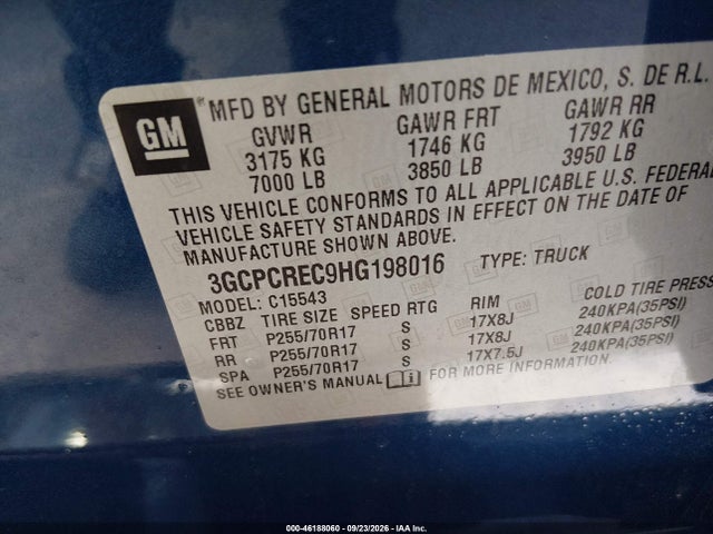 46188060 :رقم المزاد ، 3GCPCREC9HG198016 vin ، 2017 Chevrolet Silverado 1500 1lt مزاد بيع