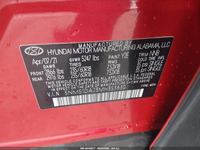 Продаж на аукціоні авто 2021 Hyundai Santa Fe Se, vin: 5NMS1DAJ3MH353830, номер лоту: 46188077
