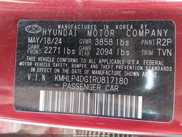 2024 Hyundai Elantra Limited მანქანა იყიდება აუქციონზე, vin: KMHLP4DG1RU817180, აუქციონის ნომერი: 46188078
