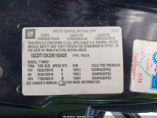 Продажа на аукционе авто 2003 Chevrolet S-10 Ls, vin: 1GCDT13X23K163426, номер лота: 46188122