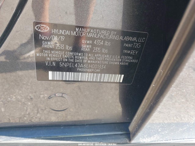 46188150 :رقم المزاد ، 5NPEL4JA6LH001334 vin ، 2020 Hyundai Sonata Sel مزاد بيع