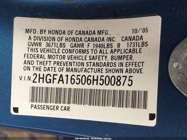 Продажа на аукционе авто 2006 Honda Civic Sdn Lx, vin: 2HGFA16506H500875, номер лота: 46188159