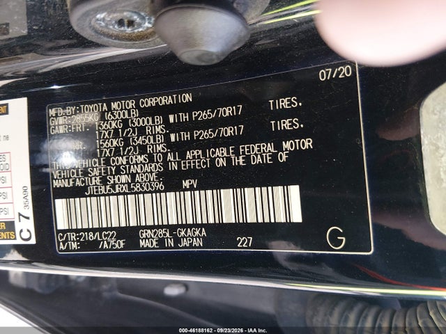 2020 Toyota 4runner Trd Off Road Premium მანქანა იყიდება აუქციონზე, vin: JTEBU5JRXL5830396, აუქციონის ნომერი: 46188162