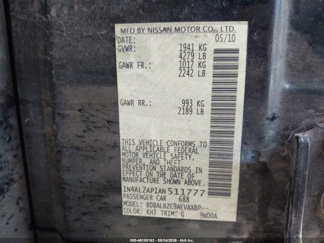 Продажа на аукционе авто 2010 Nissan Altima 2.5 S, vin: 1N4AL2AP1AN511777, номер лота: 46188163
