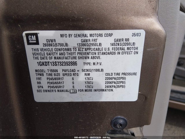 Aukcja sprzedaży 2003 Gmc Envoy Sle, vin: 1GKDT13S732392886, numer aukcji: 46188173