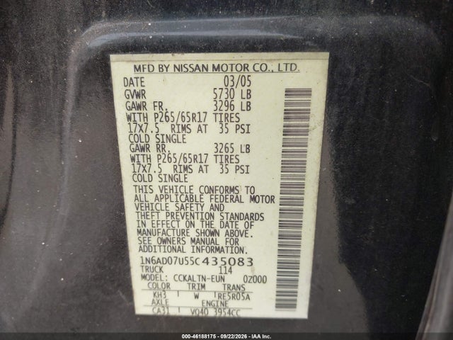 46188175 :رقم المزاد ، 1N6AD07U55C435083 vin ، 2005 Nissan Frontier Le مزاد بيع