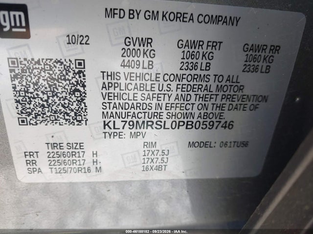 46188182 :رقم المزاد ، KL79MRSL0PB059746 vin ، 2023 Chevrolet Trailblazer Awd Lt مزاد بيع