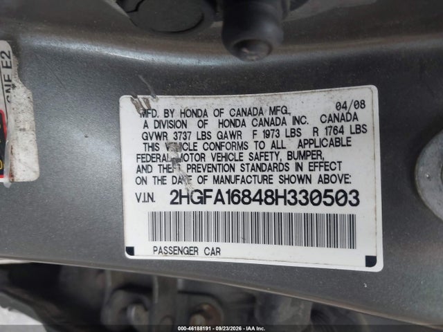 46188191 :رقم المزاد ، 2HGFA16848H330503 vin ، 2008 Honda Civic Ex مزاد بيع