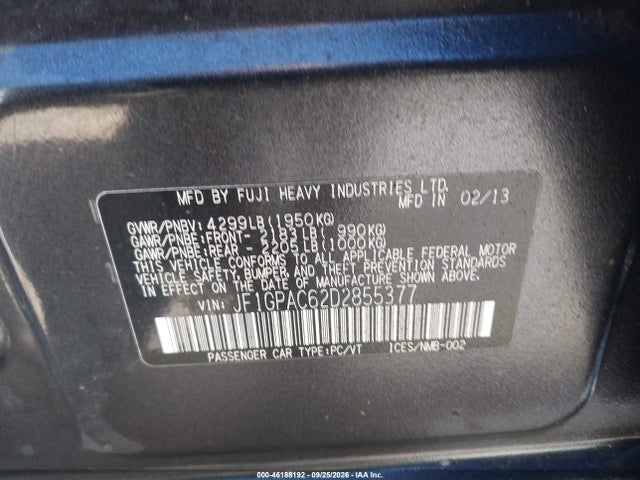 Продаж на аукціоні авто 2013 Subaru Impreza 2.0i Premium, vin: JF1GPAC62D2855377, номер лоту: 46188192