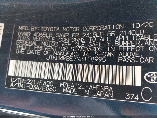 46188204 :رقم المزاد ، JTNB4MBE7M3118995 vin ، 2021 Toyota Corolla Se مزاد بيع