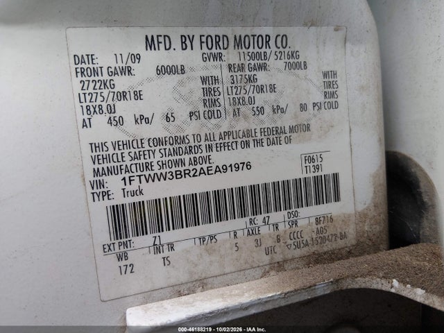 46188219 :رقم المزاد ، 1FTWW3BR2AEA91976 vin ، 2010 Ford F-350 Cabela's/harley-davidson/king Ranch/lariat/xl/xlt مزاد بيع
