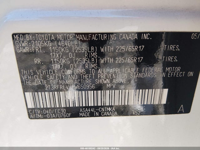 2017 Toyota Rav4 Xle მანქანა იყიდება აუქციონზე, vin: 2T3RFREV4HW650956, აუქციონის ნომერი: 46188242