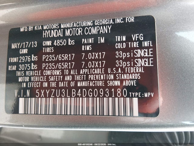 2013 Hyundai Santa Fe Sport მანქანა იყიდება აუქციონზე, vin: 5XYZU3LB4DG093180, აუქციონის ნომერი: 46188246