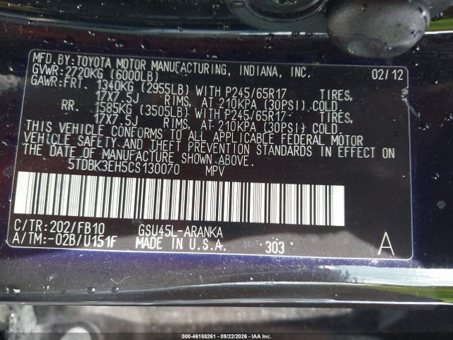 Продажа на аукционе авто 2012 Toyota Highlander Base V6, vin: 5TDBK3EH5CS130070, номер лота: 46188261