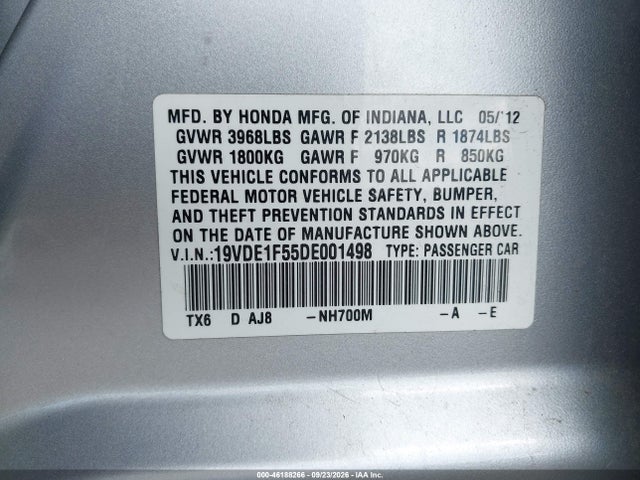 46188266 :رقم المزاد ، 19VDE1F55DE001498 vin ، 2013 Acura Ilx 2.0l مزاد بيع