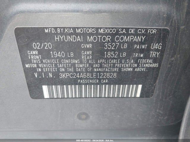 Продаж на аукціоні авто 2020 Hyundai Complementos Decorativos Sel, vin: 3KPC24A68LE122828, номер лоту: 46188282