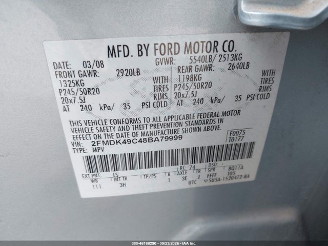 46188290 :رقم المزاد ، 2FMDK49C48BA79999 vin ، 2008 Ford Edge Limited مزاد بيع