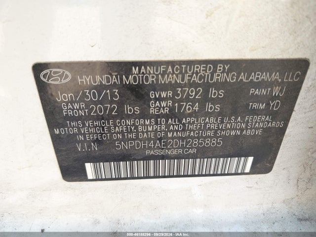2013 Hyundai Elantra Gls მანქანა იყიდება აუქციონზე, vin: 5NPDH4AE2DH285885, აუქციონის ნომერი: 46188296