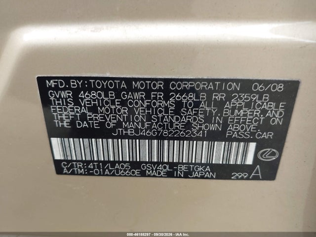 Aukcja sprzedaży 2008 Lexus Es 350, vin: JTHBJ46G782262341, numer aukcji: 46188297