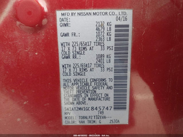 Продаж на аукціоні авто 2016 Nissan Rogue S, vin: 5N1AT2MV1GC845747, номер лоту: 46188302