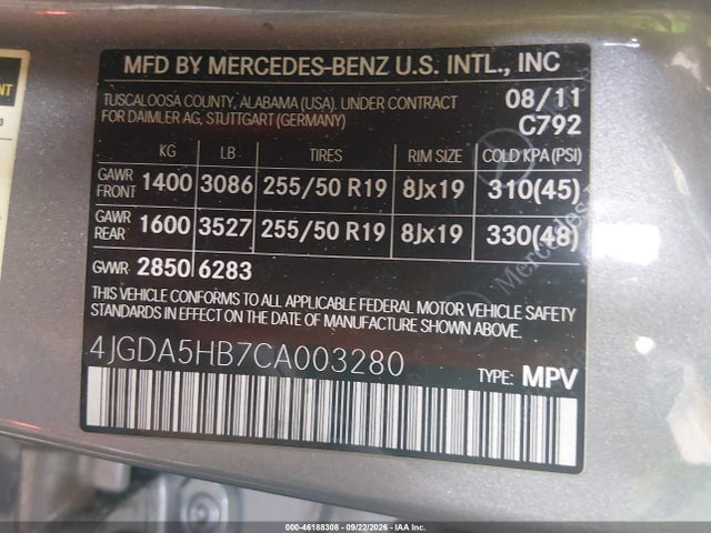 Продажа на аукционе авто 2012 Mercedes-benz M-class Ml 350, vin: 4JGDA5HB7CA003280, номер лота: 46188308