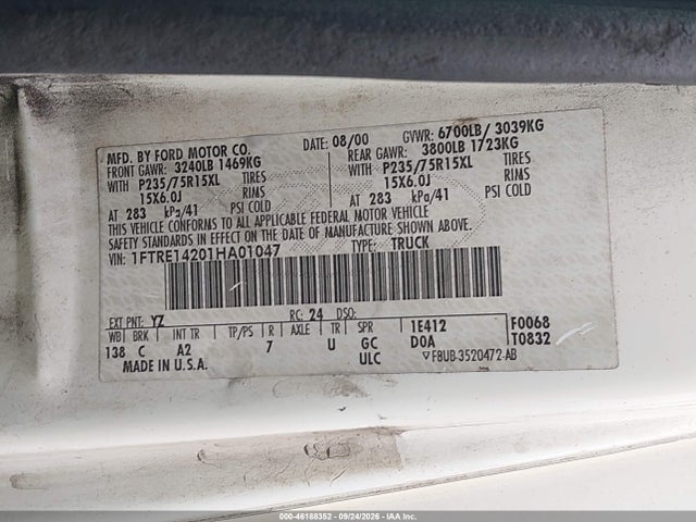 Продаж на аукціоні авто 2001 Ford E-150 Commercial/recreational, vin: 1FTRE14201HA01047, номер лоту: 46188352