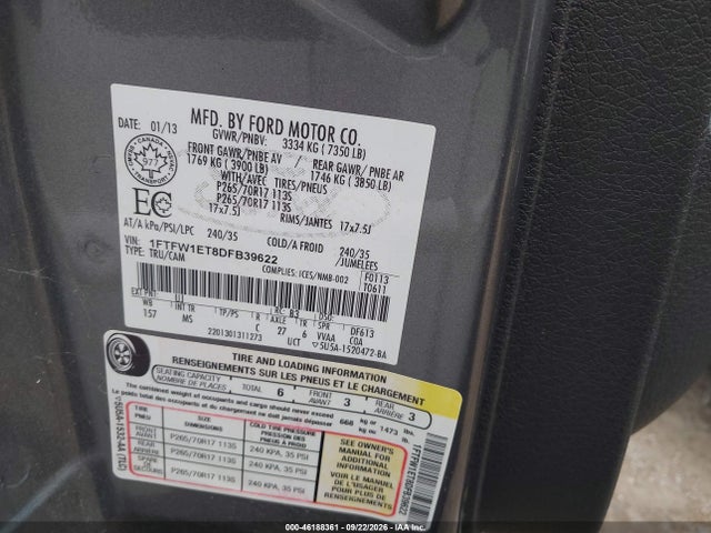 2013 Ford F-150 Xlt მანქანა იყიდება აუქციონზე, vin: 1FTFW1ET8DFB39622, აუქციონის ნომერი: 46188361