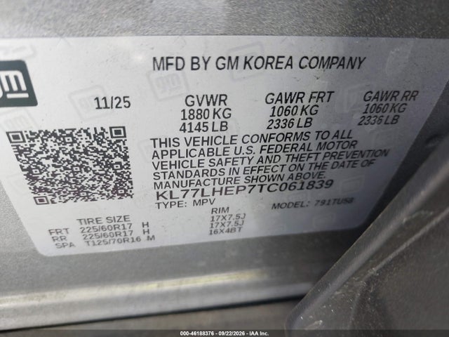 Aukcja sprzedaży 2026 Chevrolet Trax Fwd Lt, vin: KL77LHEP7TC061839, numer aukcji: 46188376