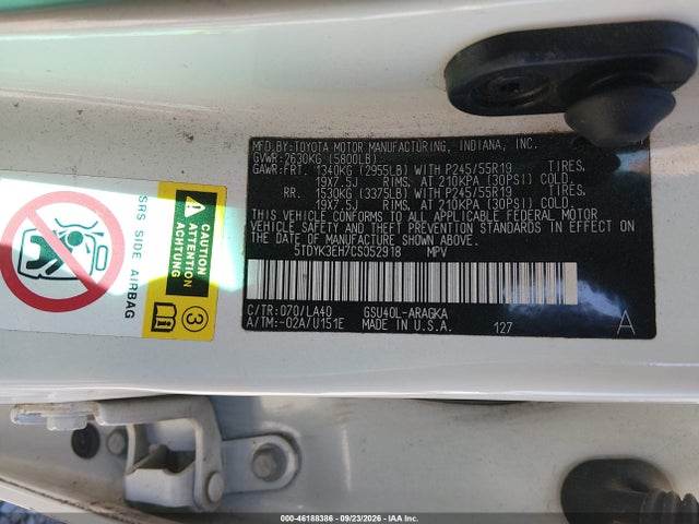 Aukcja sprzedaży 2012 Toyota Highlander Limited V6, vin: 5TDYK3EH7CS052918, numer aukcji: 46188386