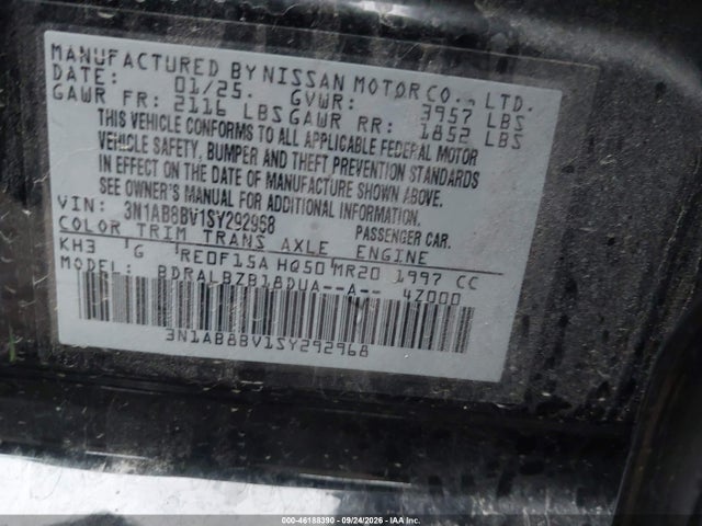 Aukcja sprzedaży 2025 Nissan Sentra S, vin: 3N1AB8BV1SY292968, numer aukcji: 46188390