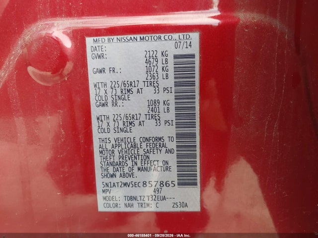 Продажа на аукционе авто 2014 Nissan Rogue Sv, vin: 5N1AT2MV5EC857865, номер лота: 46188401