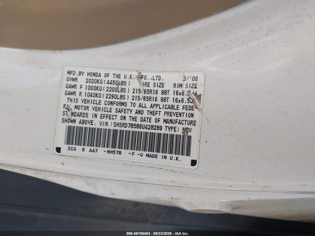 2006 Honda Cr-v Lx მანქანა იყიდება აუქციონზე, vin: SHSRD78586U428289, აუქციონის ნომერი: 46188403
