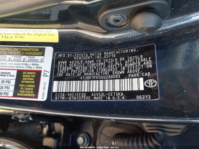 46188408 :رقم المزاد ، 4T1BF1FK0GU230593 vin ، 2016 Toyota Camry Se مزاد بيع