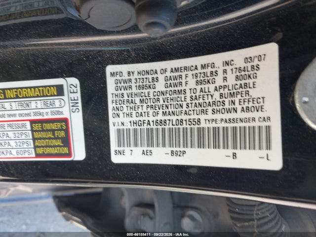 Продаж на аукціоні авто 2007 Honda Civic Sdn Ex, vin: 1HGFA16887L081558, номер лоту: 46188411