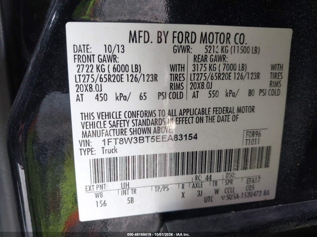 46188419 :رقم المزاد ، 1FT8W3BT5EEA83154 vin ، 2014 Ford F-350 Lariat مزاد بيع