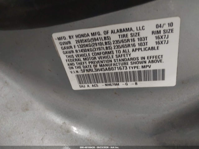Aukcja sprzedaży 2010 Honda Odyssey Ex, vin: 5FNRL3H45AB071673, numer aukcji: 46188426
