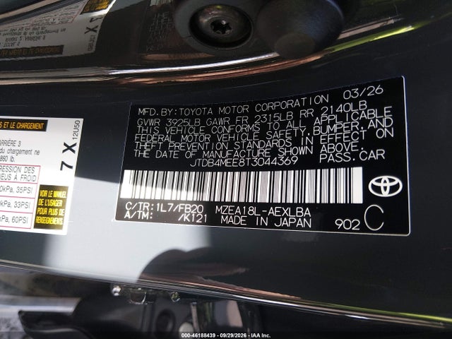 Aukcja sprzedaży 2026 Toyota Corolla Le, vin: JTDB4MEE8T3044369, numer aukcji: 46188439