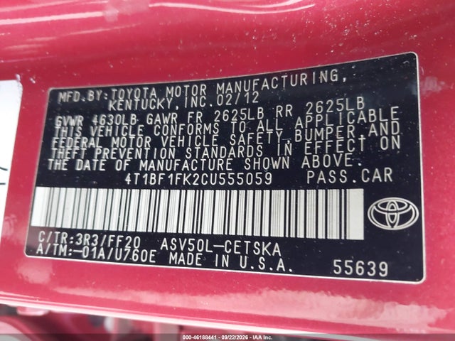 46188441 :رقم المزاد ، 4T1BF1FK2CU555059 vin ، 2012 Toyota Camry Se مزاد بيع