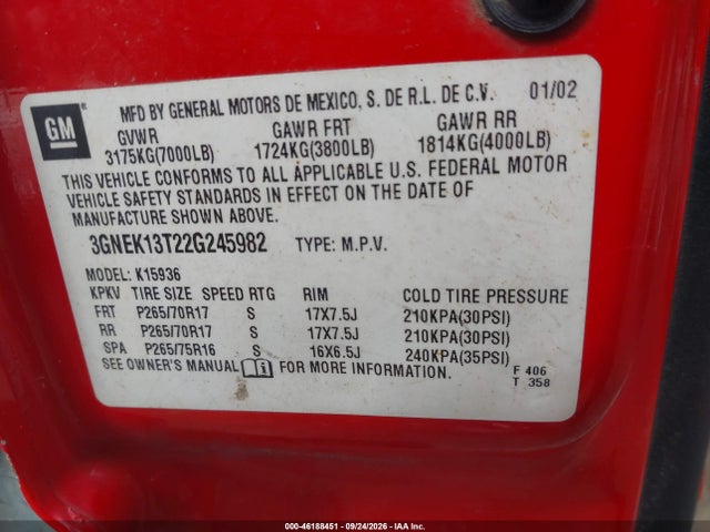 Aukcja sprzedaży 2002 Chevrolet Avalanche 1500, vin: 3GNEK13T22G245982, numer aukcji: 46188451