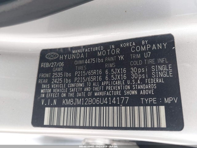 Продажа на аукционе авто 2006 Hyundai Tucson Gl, vin: KM8JM12B06U414177, номер лота: 46188465